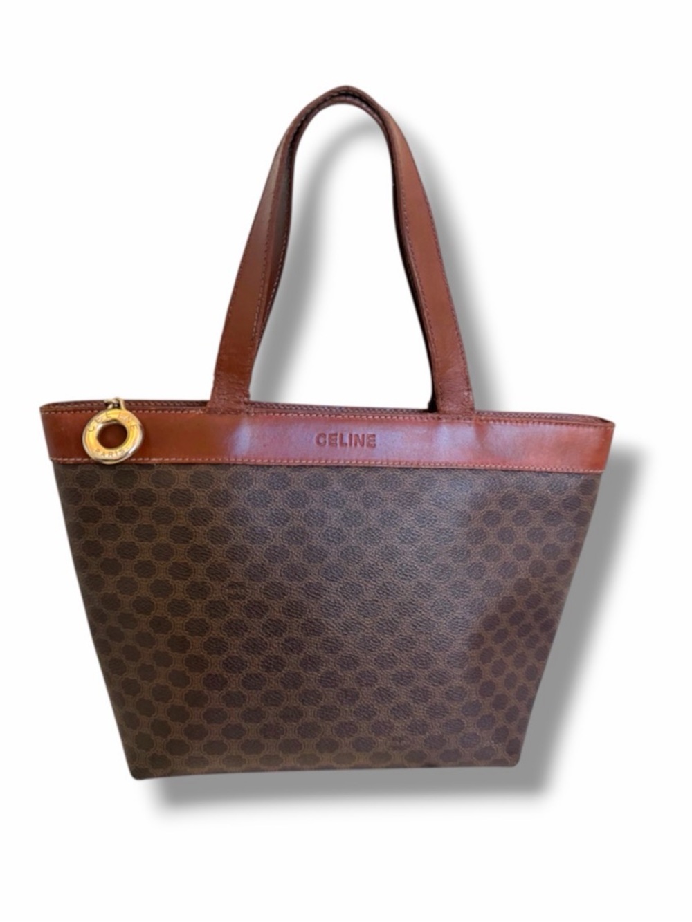 Celine Macadam Coated Canvas Top Handle Tote Bag Pecan Chocolate Brown